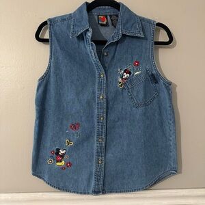 Vintage Disney Mickey‎ & Minnie Denim Sleeveless Button Up Blouse, Size Small